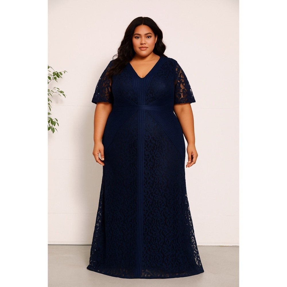 Tadashi Shoji Too Deep Blue Lace V Neck  short Sleeve Maxi Dress 22Q